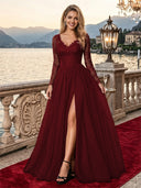 Sparkly Tulle A Line V Neck Long Sleeves Long Evening Dresses with Slit
