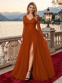 Sparkly Tulle A Line V Neck Long Sleeves Long Evening Dresses with Slit
