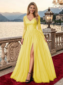 Sparkly Tulle A Line V Neck Long Sleeves Long Evening Dresses with Slit