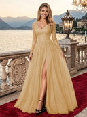 Sparkly Tulle A Line V Neck Long Sleeves Long Evening Dresses with Slit