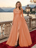 Sparkly Tulle A Line V Neck Long Sleeves Long Evening Dresses with Slit