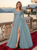 Sparkly Tulle A Line V Neck Long Sleeves Long Evening Dresses with Slit