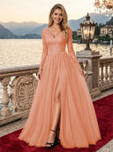 Sparkly Tulle A Line V Neck Long Sleeves Long Evening Dresses with Slit