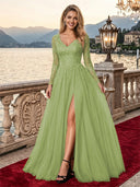 Sparkly Tulle A Line V Neck Long Sleeves Long Evening Dresses with Slit