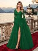 Sparkly Tulle A Line V Neck Long Sleeves Long Evening Dresses with Slit