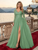 Sparkly Tulle A Line V Neck Long Sleeves Long Evening Dresses with Slit