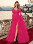Sparkly Tulle A Line V Neck Long Sleeves Long Evening Dresses with Slit