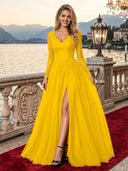Sparkly Tulle A Line V Neck Long Sleeves Long Evening Dresses with Slit