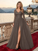 Sparkly Tulle A Line V Neck Long Sleeves Long Evening Dresses with Slit