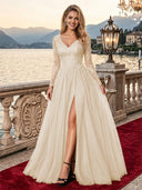 Sparkly Tulle A Line V Neck Long Sleeves Long Evening Dresses with Slit