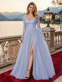 Sparkly Tulle A Line V Neck Long Sleeves Long Evening Dresses with Slit