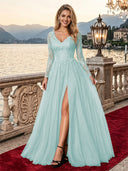 Sparkly Tulle A Line V Neck Long Sleeves Long Evening Dresses with Slit