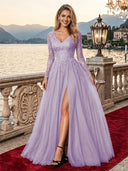 Sparkly Tulle A Line V Neck Long Sleeves Long Evening Dresses with Slit