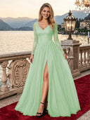 Sparkly Tulle A Line V Neck Long Sleeves Long Evening Dresses with Slit