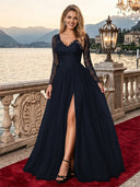 Sparkly Tulle A Line V Neck Long Sleeves Long Evening Dresses with Slit