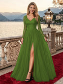 Sparkly Tulle A Line V Neck Long Sleeves Long Evening Dresses with Slit