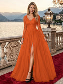 Sparkly Tulle A Line V Neck Long Sleeves Long Evening Dresses with Slit