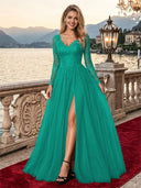 Sparkly Tulle A Line V Neck Long Sleeves Long Evening Dresses with Slit