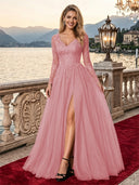 Sparkly Tulle A Line V Neck Long Sleeves Long Evening Dresses with Slit