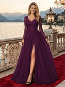 Sparkly Tulle A Line V Neck Long Sleeves Long Evening Dresses with Slit