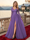 Sparkly Tulle A Line V Neck Long Sleeves Long Evening Dresses with Slit
