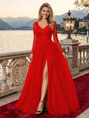 Sparkly Tulle A Line V Neck Long Sleeves Long Evening Dresses with Slit