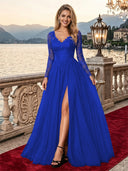 Sparkly Tulle A Line V Neck Long Sleeves Long Evening Dresses with Slit