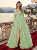 Sparkly Tulle A Line V Neck Long Sleeves Long Evening Dresses with Slit