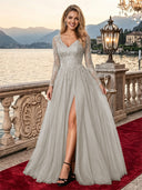 Sparkly Tulle A Line V Neck Long Sleeves Long Evening Dresses with Slit