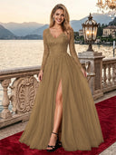 Sparkly Tulle A Line V Neck Long Sleeves Long Evening Dresses with Slit