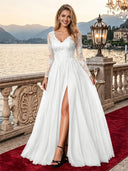 Sparkly Tulle A Line V Neck Long Sleeves Long Evening Dresses with Slit
