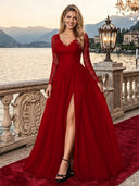 Sparkly Tulle A Line V Neck Long Sleeves Long Evening Dresses with Slit