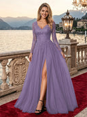Sparkly Tulle A Line V Neck Long Sleeves Long Evening Dresses with Slit