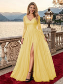 Sparkly Tulle A Line V Neck Long Sleeves Long Evening Dresses with Slit