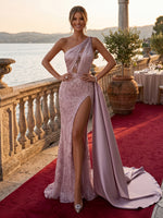 Satin Mermaid One Shoulder Long Evening Dresses with Slit