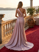 Satin Mermaid One Shoulder Long Evening Dresses with Slit