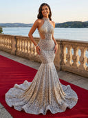 Sparkly Sequin Mermaid Halter Sleeveless Long Evening Dresses