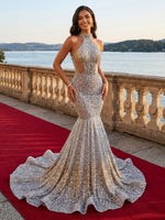 Sparkly Sequin Mermaid Halter Sleeveless Long Evening Dresses