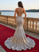 Sparkly Sequin Mermaid Halter Sleeveless Long Evening Dresses