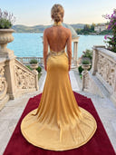 Satin Mermaid Halter Sleeveless Long Evening Dresses with High Slit
