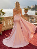 Satin Mermaid V Neck Spaghetti Straps Long Evening Dresses with Slit