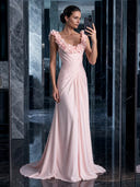 Satin Mermaid Scoop Neck Sleeveless Long Evening Dresses with Flowers