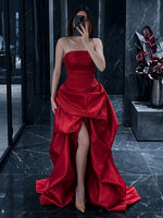 Satin A Line Strapless Sleeveless Long Evening Dresses with Slit