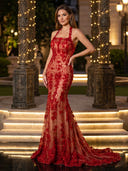 Lace Appliques Mermaid Square Neck Long Evening Dresses