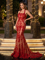 Lace Appliques Mermaid Square Neck Long Evening Dresses