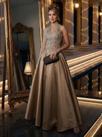 Satin A Line Halter Sleeveless Long Evening Dresses with Beads