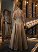 Satin A Line Halter Sleeveless Long Evening Dresses with Beads
