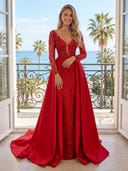 Satin A Line V Neck Long Sleeves Long Evening Dresses with Sequin