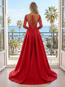 Satin A Line V Neck Long Sleeves Long Evening Dresses with Sequin