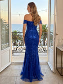 Glitter Sequin Mermaid Off Shoulder Long Evening Dresses with Feather